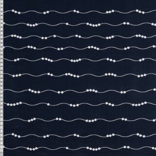 Double Gauze Helene, Wellen und Punkte weiß auf dunkelblau, Reststück 80 cm