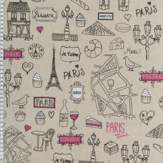Dekostoff, Emil, Leinenoptik, Paris, Eiffelturm, beige
