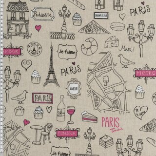 Dekostoff, Emil, Leinenoptik, Paris, Eiffelturm, beige