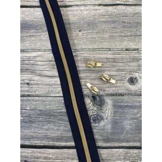 Metallisierter Reißverschluss Gold, 1 Meter inkl. 3 Zipper, Indigoblau (tief dunkelblau)