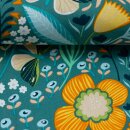 Baumwolle beschichtet, Leona, Blumen und Schmetterlinge auf petrol