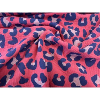 Musselin Leomuster blau auf Fuchsia/Pink