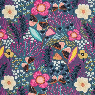 Abschnitt 50 x 75 cm, Baumwolle beschichtet, Leona, Blumen und Schmetterlinge auf rauchblau